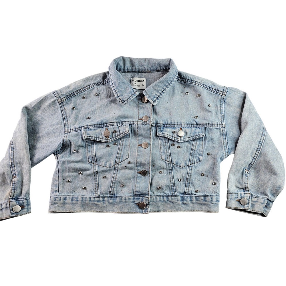 CISONO Rhinestone Embellished Denim Jacket Women's‎ S Blue Light Wash